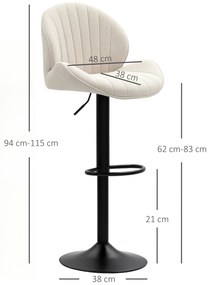 HOMCOM Set de 2 Scaune de Bar cu Suport pentru Picioare, din Țesătură cu Efect de Cinilie, 48x50x94-115 cm, Negru și Bej | Aosom Romania