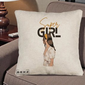 Perna Decorativa Super Girl Aesthetic, 40x40 cm, Bej Canapea, Husa Detasabila, Perna Inclusa, BEKZ®