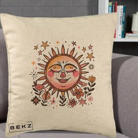 Perna Decorativa Soare Retro Boho Floral, 40x40 cm, Bej, Husa Detasabila, Perna Inclusa, BEKZ®