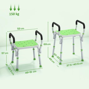 HOMCOM Scaun de duș din aluminiu, reglabil pe înălțime, cu cotiere și picioare antiderapante, verde | Aosom Romania