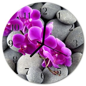 Ceas de perete din sticla rotund Orhidee Pietre Flori Pietre Purple