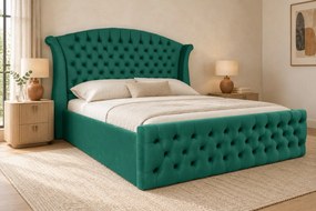 Pat tapițat Chesterfield din catifea Sorella Simple 160×200 cm, verde, cu ladă de depozitare