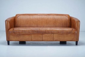 Canapea 2 locuri din piele naturală cognac, cu spătar și șezut cusute în canale și picioare negre, aspect vintage, 68 x 175 x 86 cm, „Pilot”