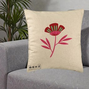 Perna Decorativa Floare Macul Roz-Rosu Grafic, 40x40 cm, Bej, Husa Detasabila, Perna Inclusa, BEKZ®