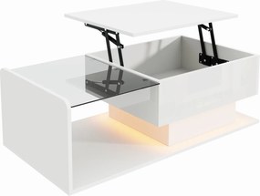 Masă de cafea cu înălțime reglabilă, cu sticlă și bandă LED, 100x50x33/47,5 cm, Alb