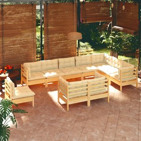 Set mobilier gradina cu perne crem, 10 piese, lemn masiv de pin maro si crem, 10