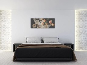 Tablou cu note muzicale și trandafiri (120x50 cm)