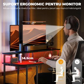 HOMCOM Birou Reversibil pentru Calculator cu Prize, Lumini LED, Suport Dublu și Rafturi Reglabile, 120x50x89,5 cm, Negru | Aosom Romania
