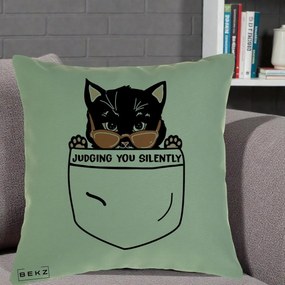 Perna Decorativa Judging You Silently Pisica Buzunar, 40x40 cm, Verde, Husa Detasabila, Perna Inclusa, BEKZ®