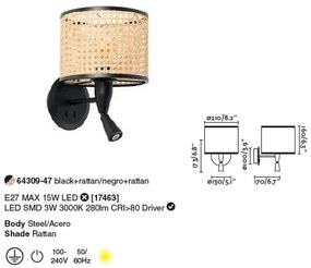 Aplica cu reader LED moderna design natural MAMBO negru/ratan