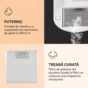 Klarstein Barella, hotă, 38 cm, recirculare, 518 m³/h, LED