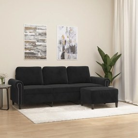 Canapea cu 3 locuri si taburet, negru, 180 cm, catifea