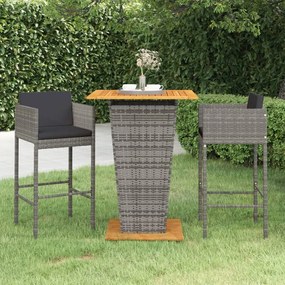vidaXL Set mobilier bar de grădină, cu perne, 3 piese, gri, poliratan