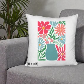 Perna Decorativa Flori in Vaza Turcoaz, 40x40 cm, Alb Pufos, Husa Detasabila, Perna Inclusa, BEKZ®