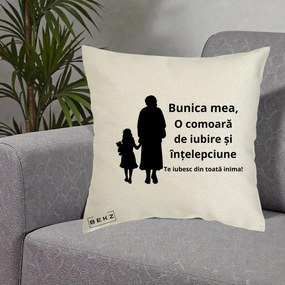 Cadou pentru Bunica - Perna Personalizata Bunica Mea Comoara Iubire Intelepciune Silueta, 40x40 cm, Ecru, Husa Detasabila, Perna Inclusa, BEKZ®