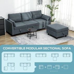 HOMCOM Canapea Modulară cu Taburet și Spații de Depozitare, Canapea Colțar 3 în Formă de L, 213x156x88 cm, Gri Închis | Aosom Romania