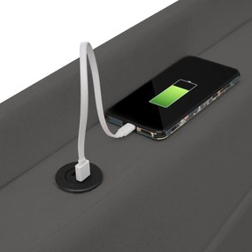 Pat dublu cu ladă de depozitare, funcție de încărcare USB Tip C, din bumbac și in, fără saltea, 160x200 cm, Gri