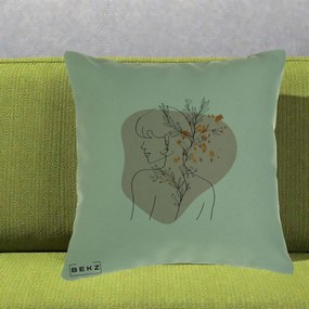 Perna Decorativa Femeie cu Flori Line Art Boho, 40x40 cm, Verde, Husa Detasabila, Perna Inclusa, BEKZ®