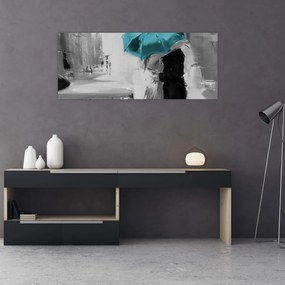 Tablou - Cuplu în dragoste cu umbrelă, albastru (120x50 cm)
