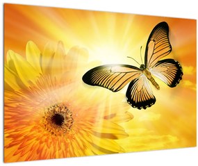Tablou - Fluture galben cu flori (90x60 cm)