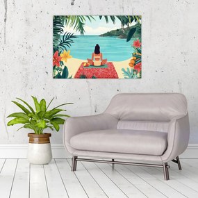 Tablou pe sticlă - Yoghiniță pe plajă (70x50 cm)