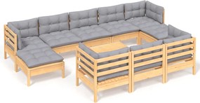 vidaXL Set mobilier grădină cu perne, 11 piese, gri, lemn masiv pin