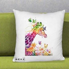 Perna Decorativa Girafa Curcubeu Acuarela, 40x40 cm, Alb Pufos, Husa Detasabila, Perna Inclusa, BEKZ®