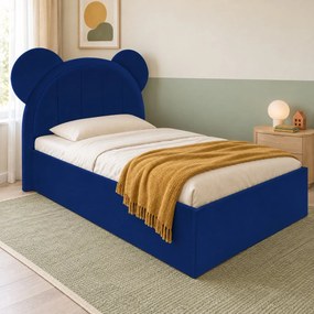 Pat tapițat pentru copii din catifea Varen 100×200 cm, bleumarin, cu ladă de depozitare