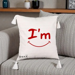Perna Decorativa I'm Happy Smile, 40x40 cm, Bej cu Franjuri, Husa Detasabila, Perna Inclusa, BEKZ®