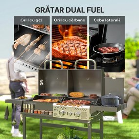 Outsunny Grill Gaz-Cărbune, 3 Arzătoare 7kW, Negru | Aosom Romania