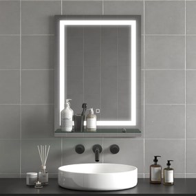 Kleankin Oglindă de Baie cu Lumini LED în 3 Culori Reglabile și Raft din Sticlă, 50x12x70 cm, Argintiu | Aosom Romania