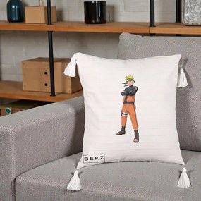 Perna Personalizata Naruto Uzumaki Portret Complet, 40x40 cm, Bej cu Franjuri, Husa Detasabila, Perna Inclusa, BEKZ®