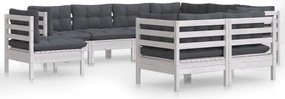 vidaXL Set mobilier de grădină cu perne, 9 piese, alb, lemn masiv pin
