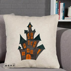 Perna Decorativa Halloween Casa Bantuita Minimalista, 40x40 cm, Bej Canapea, Husa Detasabila, Perna Inclusa, BEKZ®