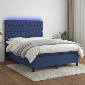 Pat cu arcuri, saltea si LED, albastru, 140x190 cm, textil Albastru, 140 x 190 cm, Design cu nasturi