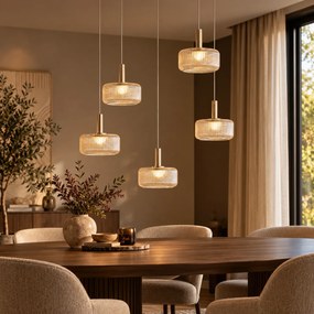 Lampă suspendată de design auriu roz cu sticlă chihlimbarie, inclusiv LED reglabil în 3 trepte, cu 5 lumini Easylift - Fiera