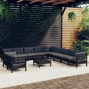 3096933 vidaXL Set mobilier grădină cu perne, 12 piese, negru, lemn masiv pin