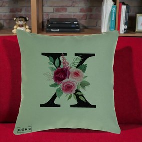Cadou Personalizat - Perna Personalizata Monograma Florala Litera X cu Buchet, 40x40 cm, Verde, Husa Detasabila, Perna Inclusa, BEKZ®