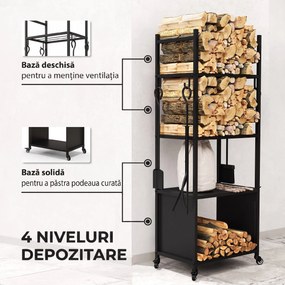 Outsunny Suport pentru Lemne de Foc de Interior și Exterior cu Roți și 4 Ustensile, cu Lopățică, Vătrai, Perie și Clește, Metal, 45 x 30 x 118 cm, Negru | Aosom Romania