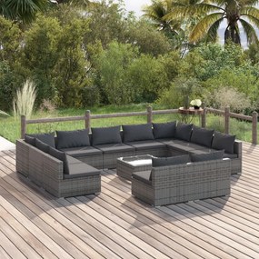 Set mobilier de gradina cu perne, 12 piese, gri, poliratan gri si antracit, 2x colt + 9x mijloc + masa, 1