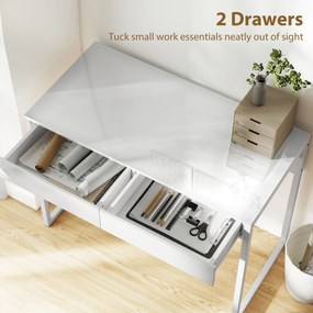 HOMCOM Birou Modern cu 2 Sertare și Picioare din Oțel, 100x50x75 cm, Alb Lucios | Aosom Romania