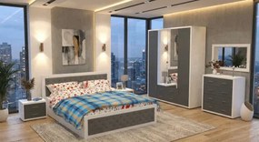 Dormitor Torino cu pat cu somiera metalica rabatabila 160x200 cm Alb / Gri