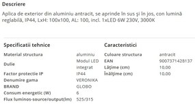 Aplica LED exterior ambientala moderna lumina sus / jos IP44 VERONIKA