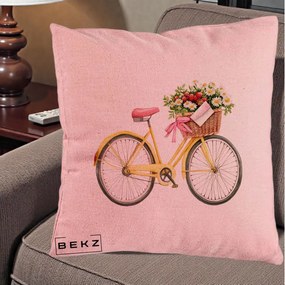 Perna Decorativa Bicicleta Galbena cu Cos de Flori Primavara, 40x40 cm, Roz, Husa Detasabila, Perna Inclusa, BEKZ®