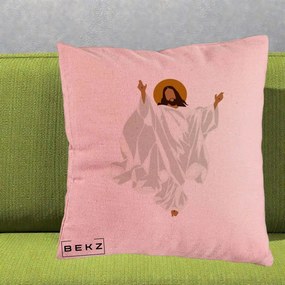 Perna Decorativa Iisus Hristos Invierea Silueta Minimalista, 40x40 cm, Roz, Husa Detasabila, Perna Inclusa, BEKZ®