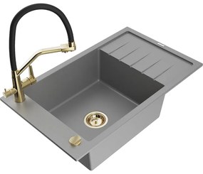 Mexen Elias chiuvetă de granit cu un compartiment, cu picurător și baterie de bucătărie Duo, Gri - 6511-71-671701-57-G