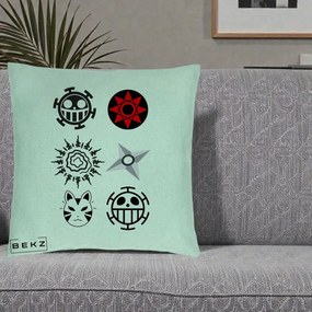 Perna Personalizata Simboluri Anime Mix - Naruto One Piece, 40x40 cm, Verde Menta, Husa Detasabila, Perna Inclusa, BEKZ®