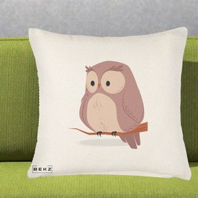 Perna Decorativa Bufnita Kawaii pe Creanga, 40x40 cm, Crem Reliefat, Husa Detasabila, Perna Inclusa, BEKZ®