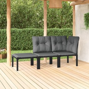 3187740 vidaXL Set mobilier de grădină cu perne, 3 piese, negru/gri, poliratan