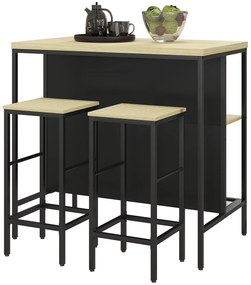 HOMCOM Set masă de bar și 2 taburete de stil industrial cu raft de depozitare, suporturi pentru picioare, metal negru și aspect lemn | Aosom Romania